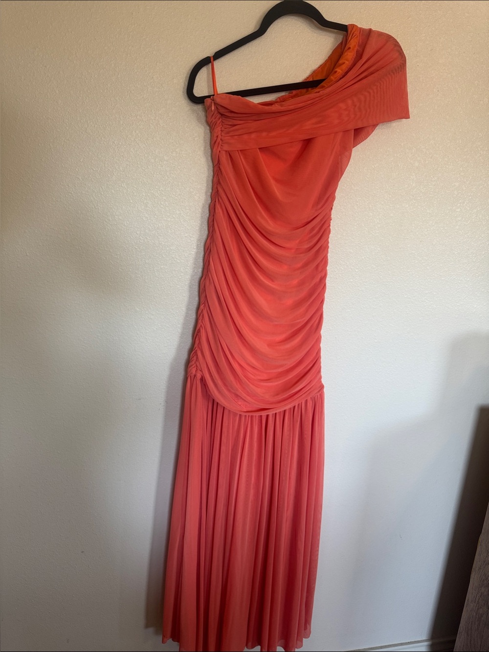 One-Shoulder Coral Ruched Evening Dress